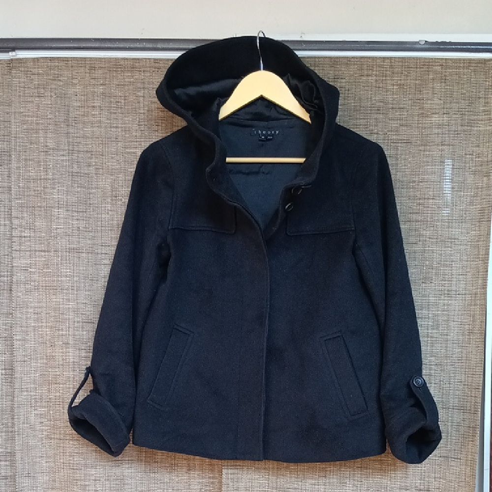 Theory Black Hooded Wool And Angora Shirt Coat Jacket